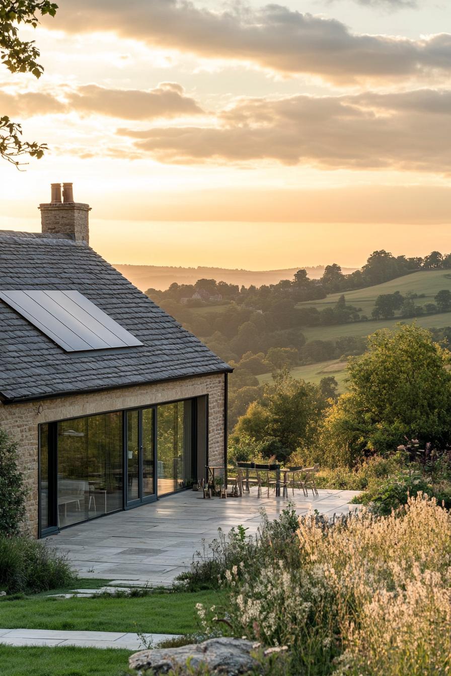 modern English cottage facade with solar roof panels stunning hilly Engish countryside landscape