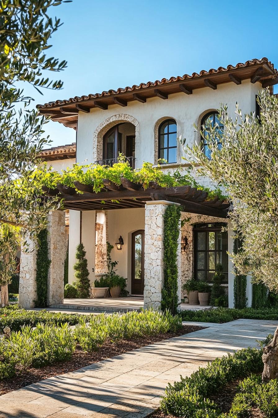 modern Italian mediterranean house facade with vine covered pergola olive tree lined front yard 1