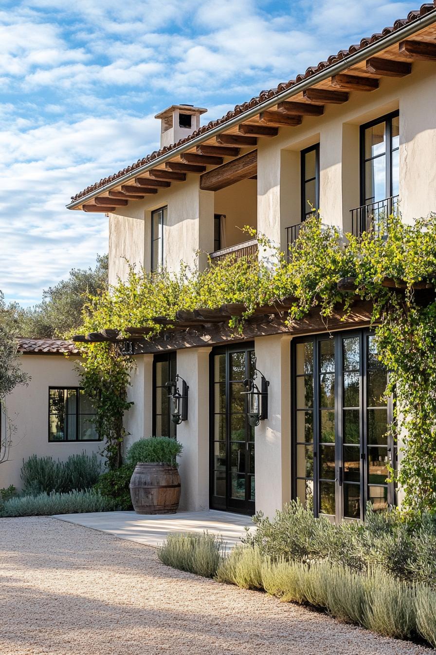 modern Italian mediterranean house facade with vine covered pergola olive tree lined front yard 2