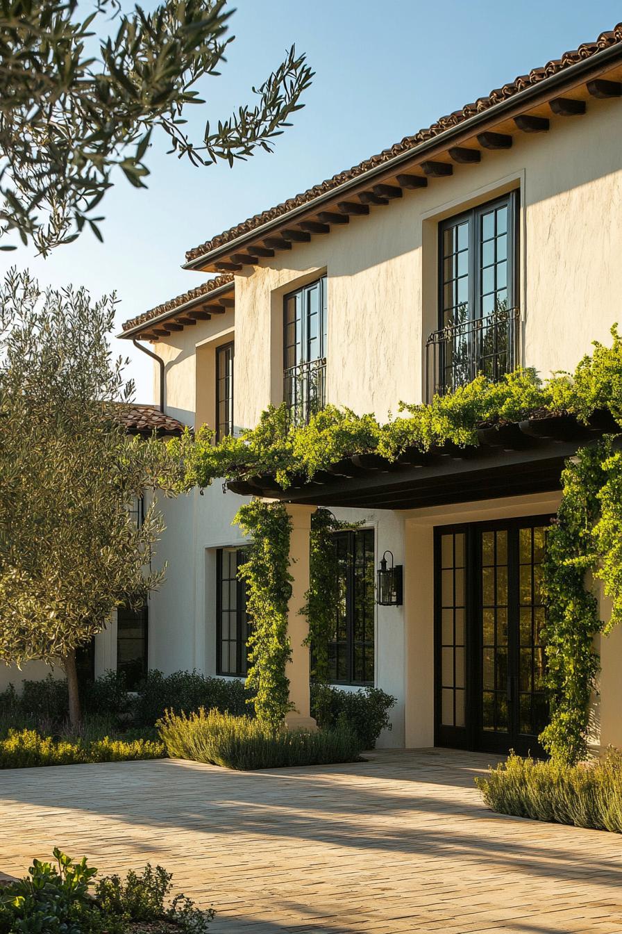 modern Italian mediterranean house facade with vine covered pergola olive tree lined front yard 3