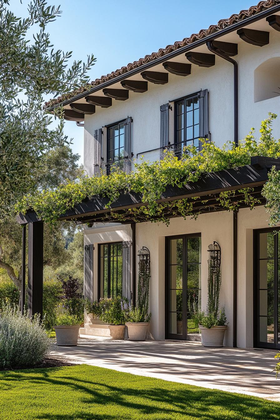 modern Italian mediterranean house facade with vine covered pergola olive tree lined front yard