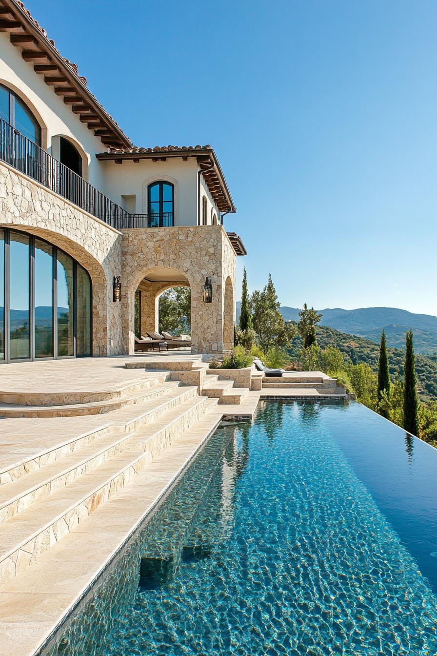 modern Tuscan mediterranean house facade steps with ceramic tile mosaic infinity pool with Italian mountain views 1