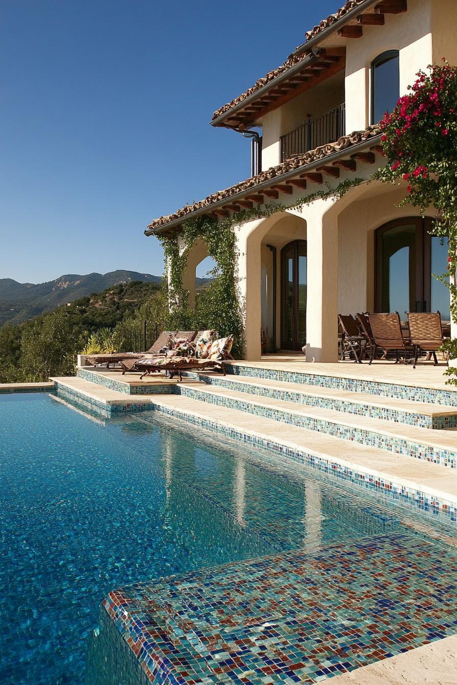 modern Tuscan mediterranean house facade steps with ceramic tile mosaic infinity pool with Italian mountain views 2