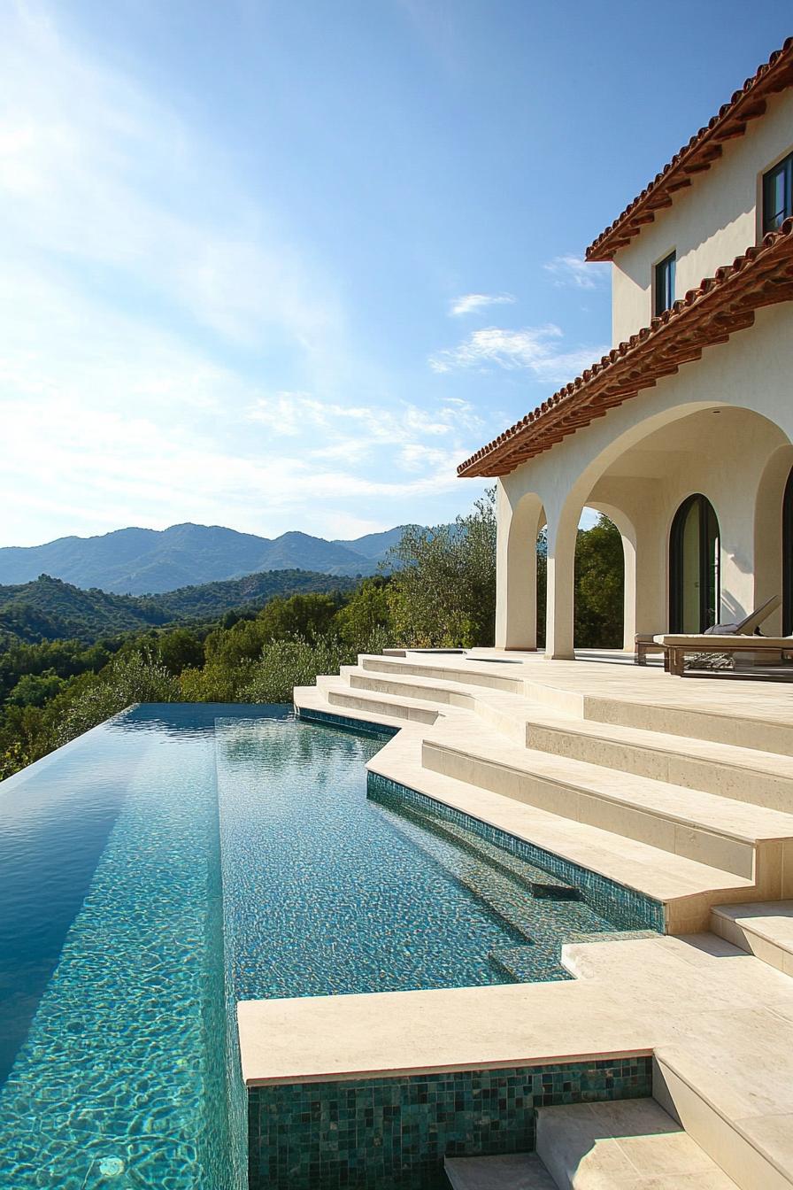 modern Tuscan mediterranean house facade steps with ceramic tile mosaic infinity pool with Italian mountain views 3