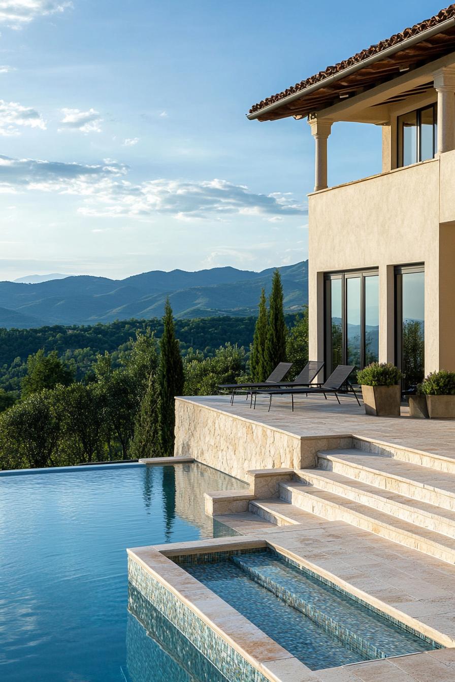 modern Tuscan mediterranean house facade steps with ceramic tile mosaic infinity pool with Italian mountain views