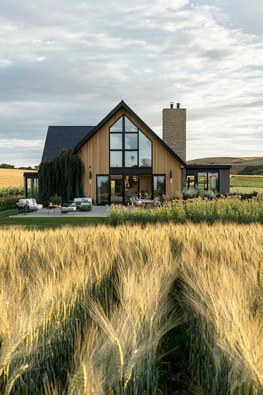 modern a frame farmhouse with green garden walls stunning farmland with wheat fields 1