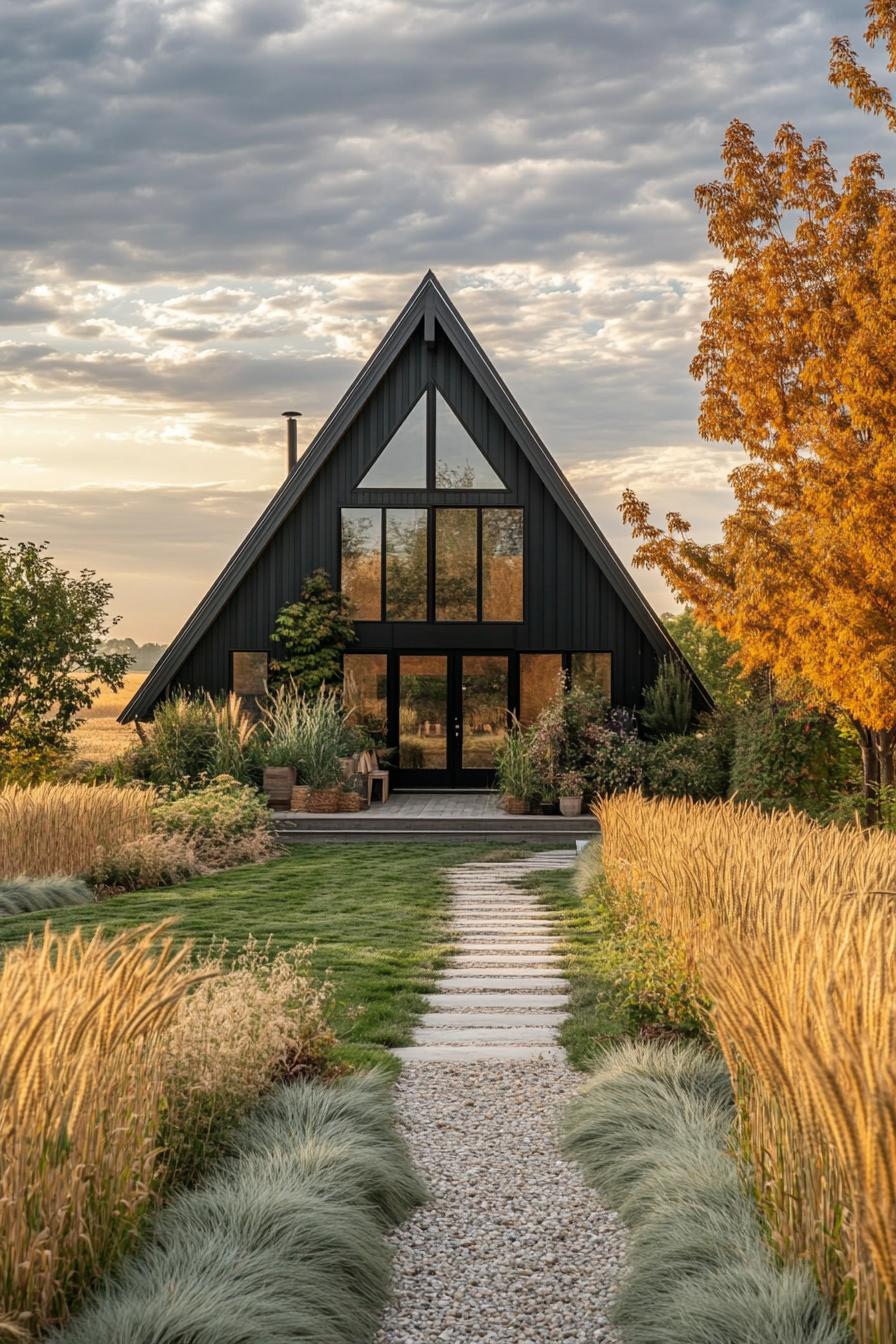 modern a frame farmhouse with green garden walls stunning farmland with wheat fields