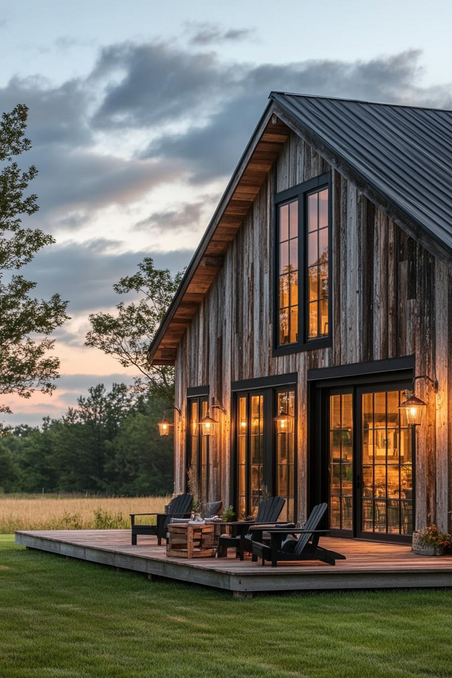 modern barn house with reclaimed wood siding large windows with black trim black multi pitched roof wooden patio with adirondack chairs outdoor 1