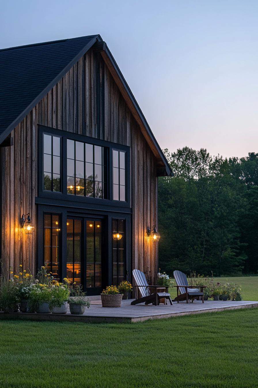 modern barn house with reclaimed wood siding large windows with black trim black multi pitched roof wooden patio with adirondack chairs outdoor