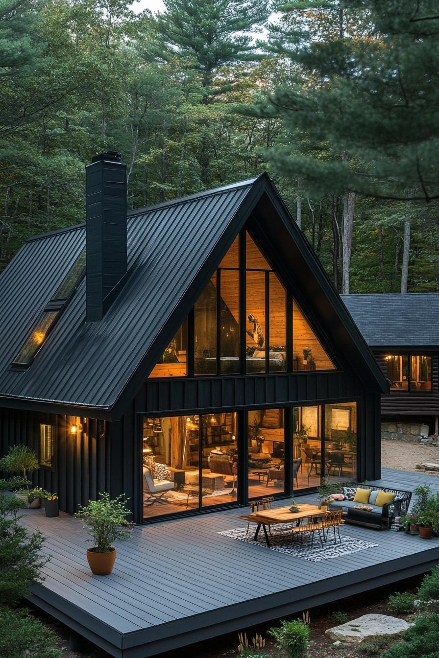 modern black a frame house with black board and batten siding black metal roof with chimney a gambrel with window on the roof side large glass 1