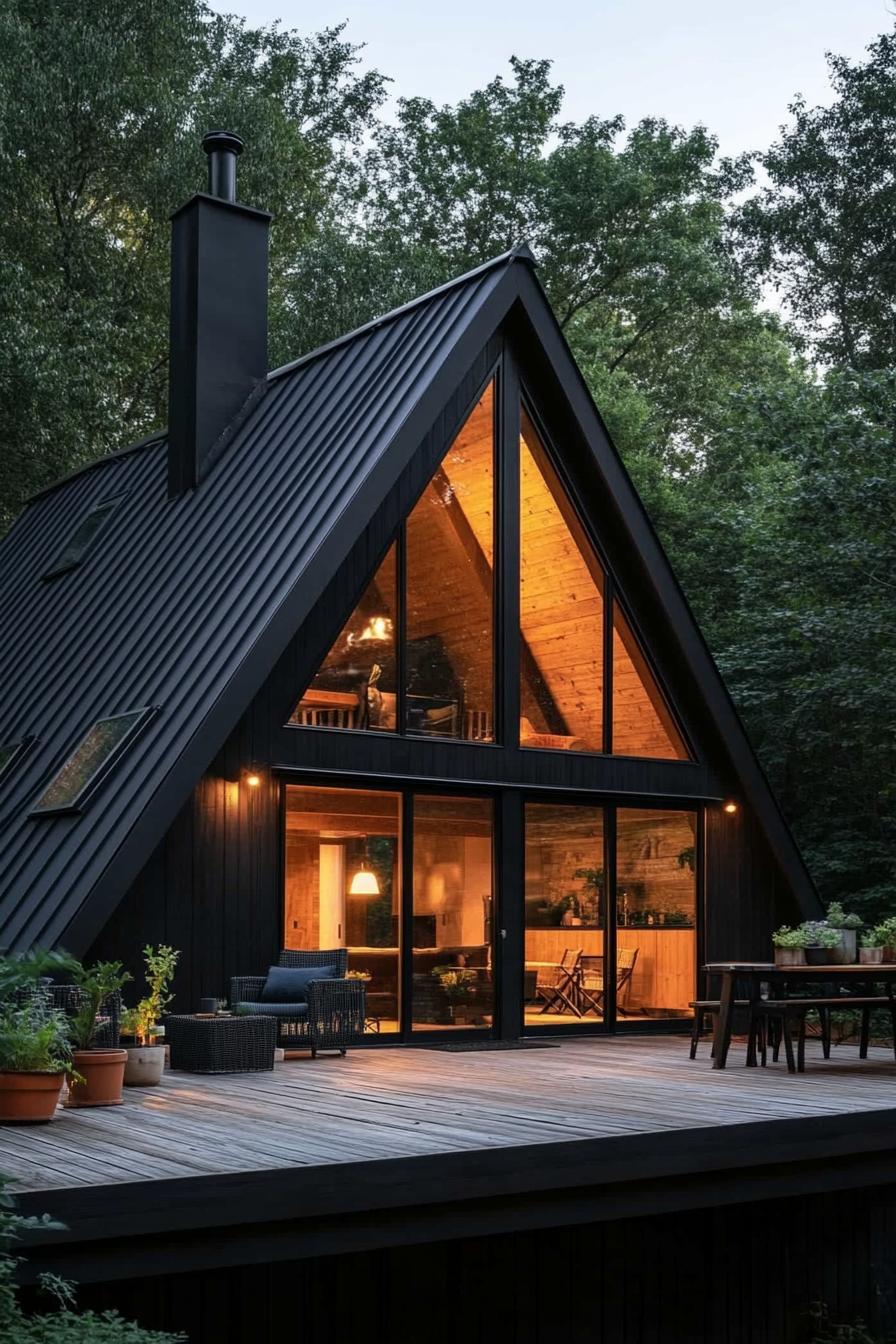 modern black a frame house with black board and batten siding black metal roof with chimney a gambrel with window on the roof side large glass 2