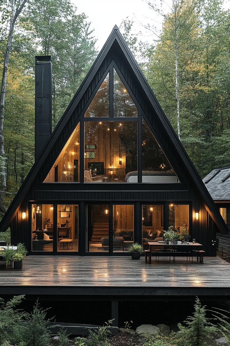 modern black a frame house with black board and batten siding black metal roof with chimney a gambrel with window on the roof side large glass 3