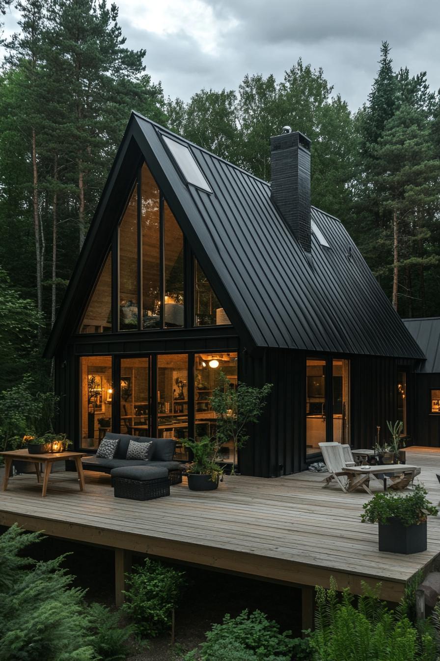 modern black a frame house with black board and batten siding black metal roof with chimney a gambrel with window on the roof side large glass