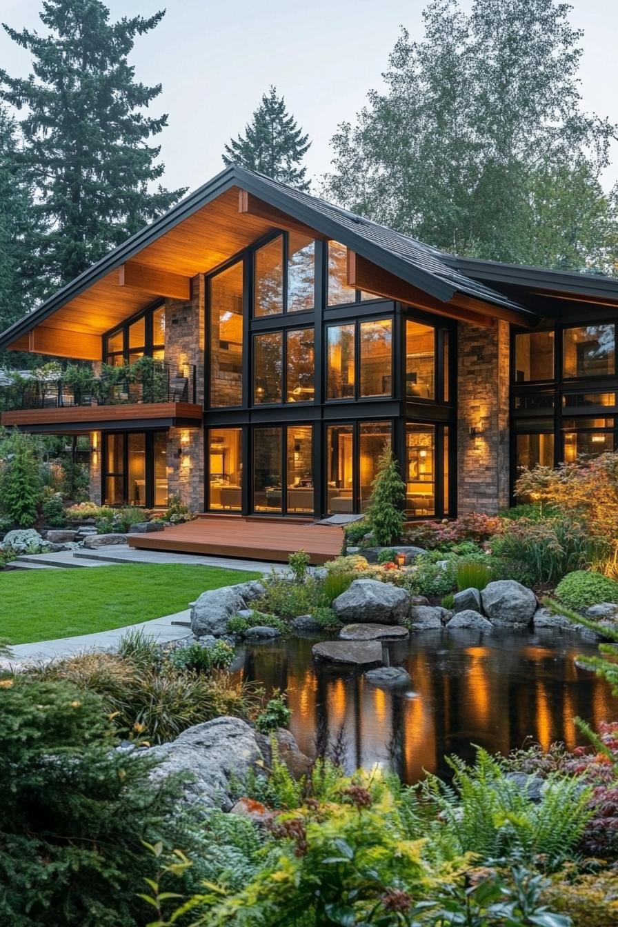 modern chalet house with lop sided roof full wall windows large covered deck shrubs and a pond with rocks in the landscape pine forest in the 2