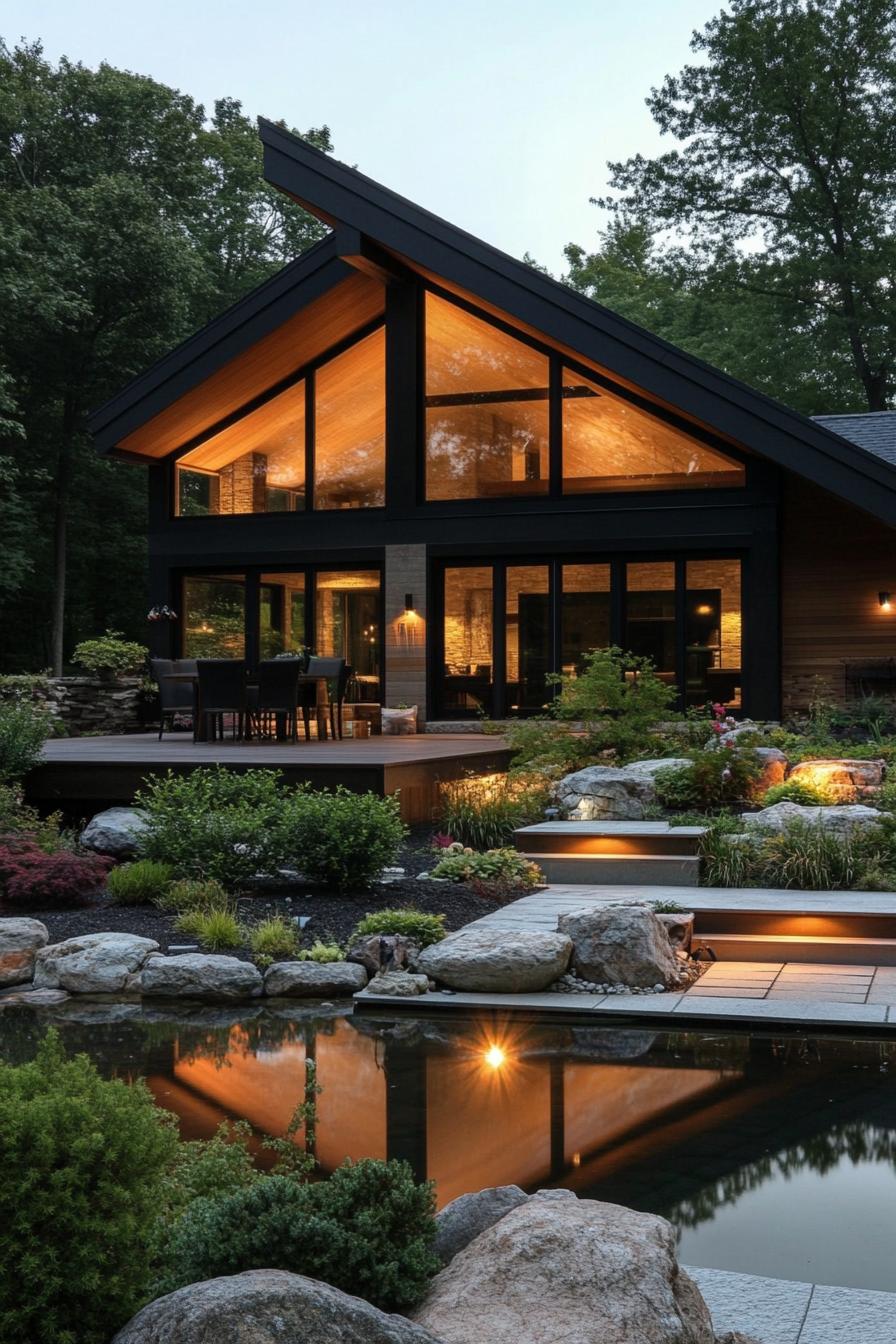 modern chalet house with lop sided roof full wall windows large covered deck shrubs and a pond with rocks in the landscape pine forest in the 3