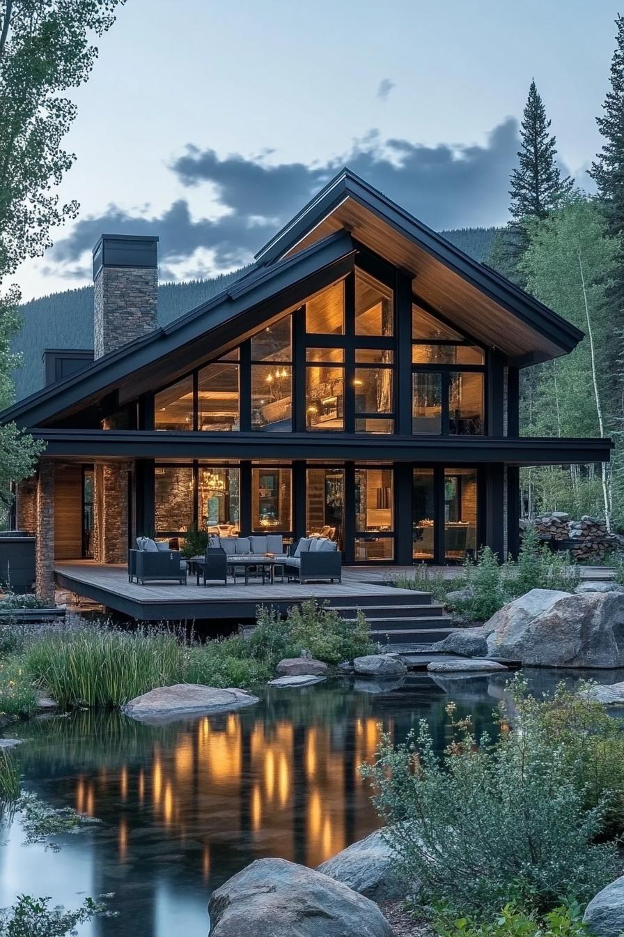 modern chalet house with lop sided roof full wall windows large covered deck shrubs and a pond with rocks in the landscape pine forest in the