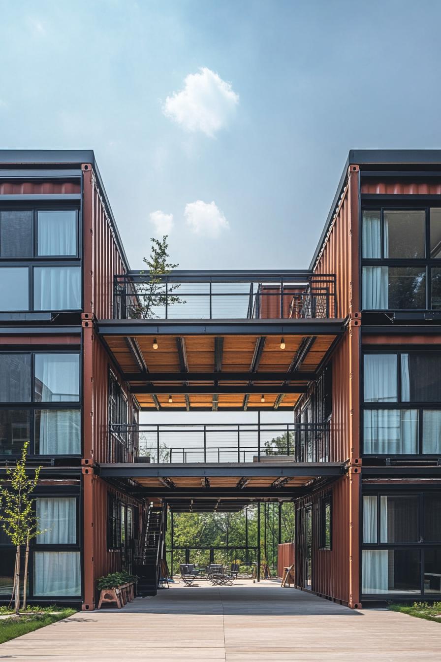 modern container apartment building with two wings connected with large roof with full glass walls a terrace between the wings 1