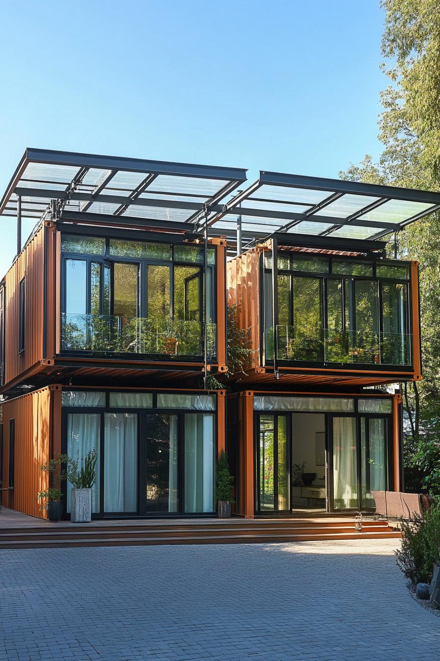 modern container apartment building with two wings connected with large roof with full glass walls a terrace between the wings