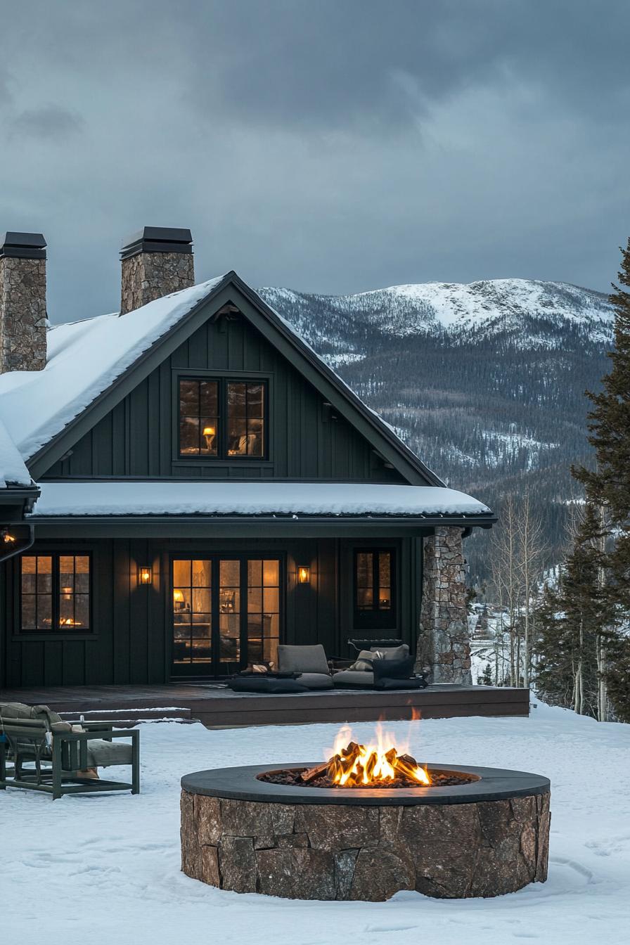 modern cottage style mountain house facade with mocha brown siding olive green trim stone chimney yard lounge with firepit pine mountain range in the background in winter 1