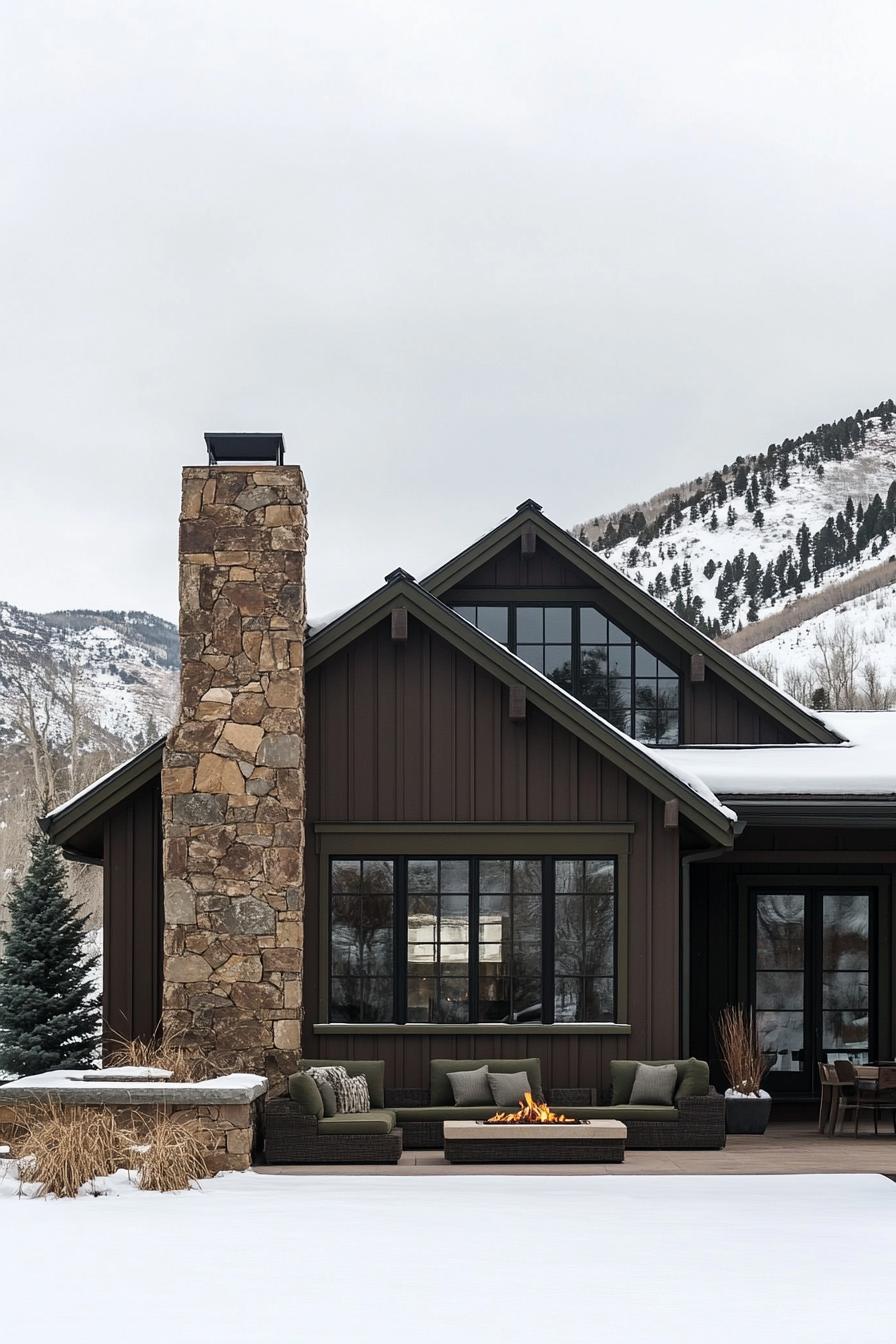 modern cottage style mountain house facade with mocha brown siding olive green trim stone chimney yard lounge with firepit pine mountain range in the background in winter 2