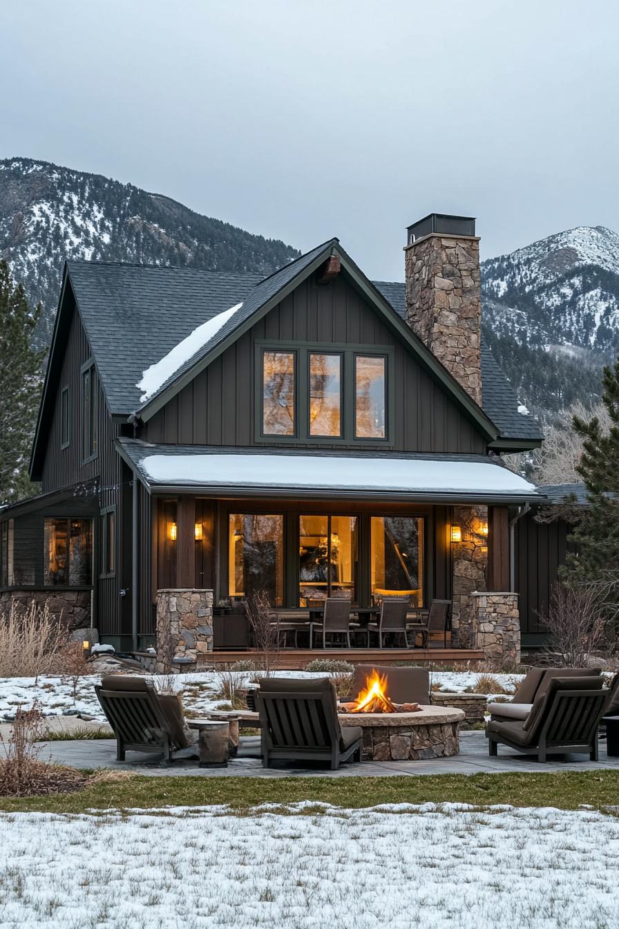 modern cottage style mountain house facade with mocha brown siding olive green trim stone chimney yard lounge with firepit pine mountain range in the background in winter 3