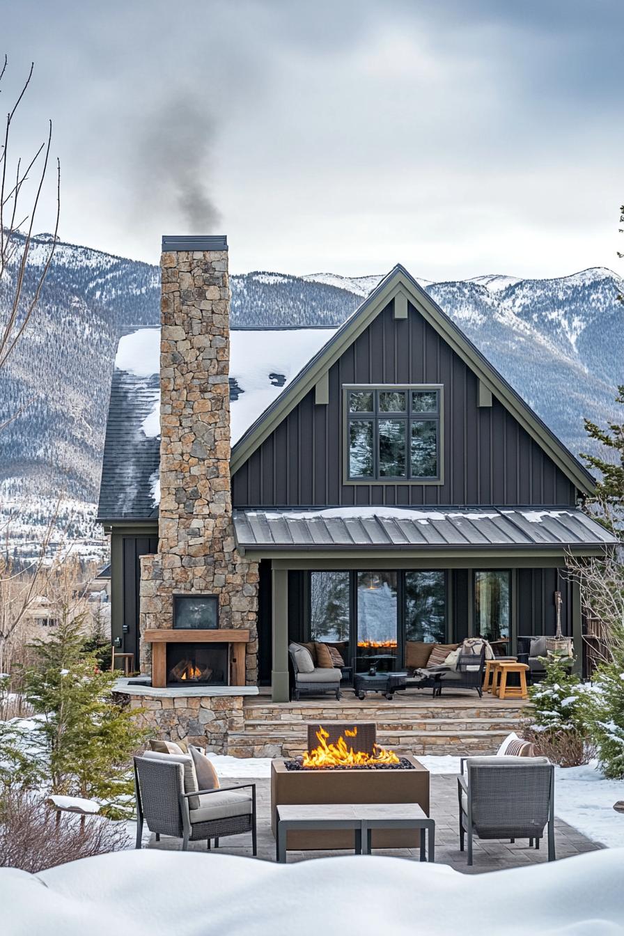 modern cottage style mountain house facade with mocha brown siding olive green trim stone chimney yard lounge with firepit pine mountain range in the background in winter