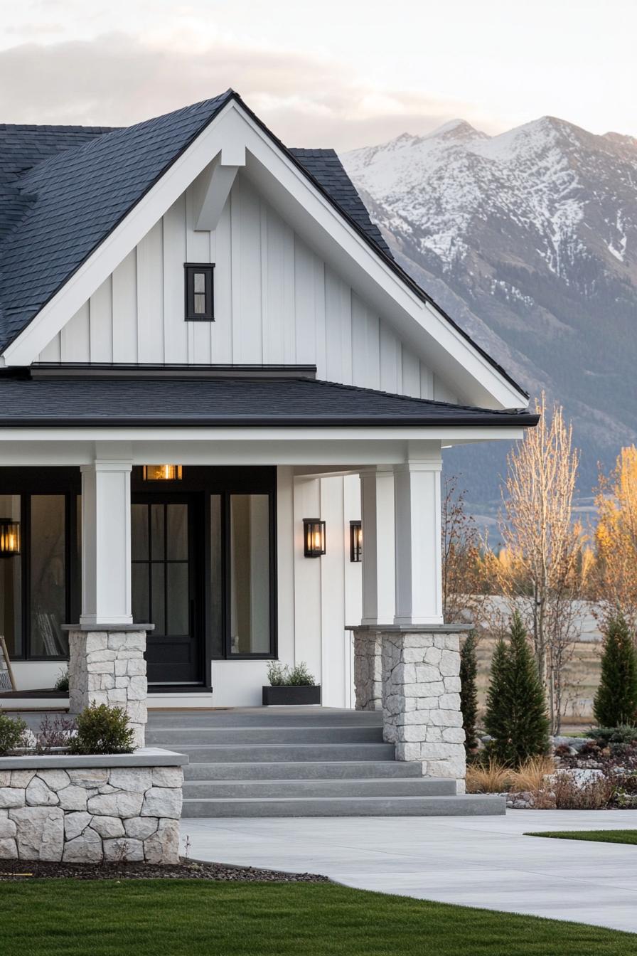 modern cottage style mountain house facade with white stone foundation white clapboard siding concrete porch with stone and grey wood columns grey 1