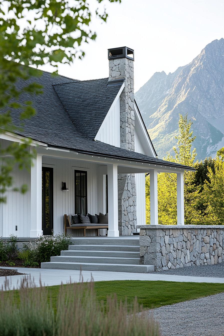 modern cottage style mountain house facade with white stone foundation white clapboard siding concrete porch with stone and grey wood columns grey 2