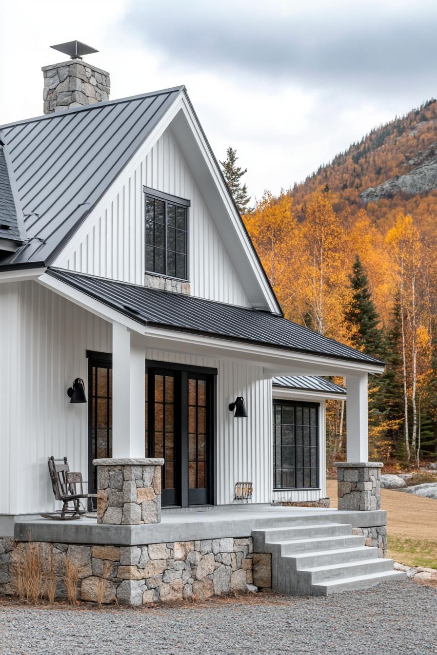 modern cottage style mountain house facade with white stone foundation white clapboard siding concrete porch with stone and grey wood columns grey 3