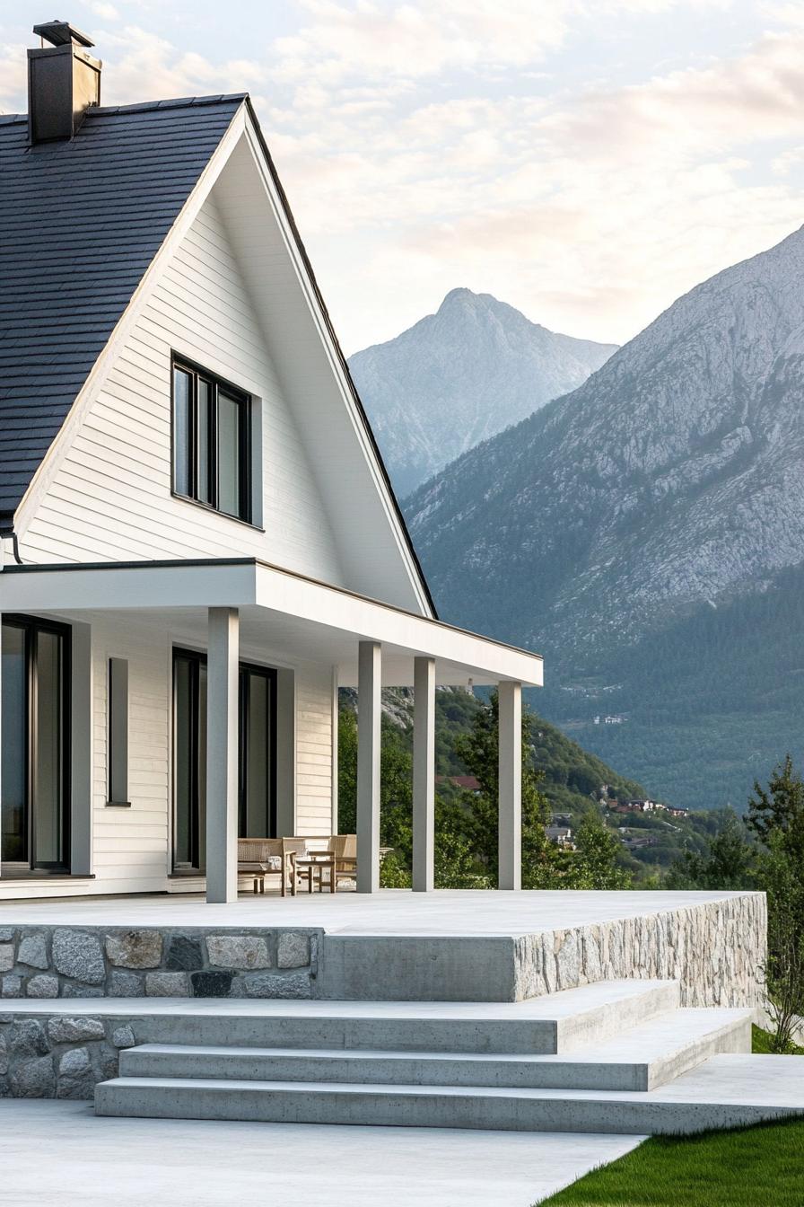 modern cottage style mountain house facade with white stone foundation white clapboard siding concrete porch with stone and grey wood columns grey