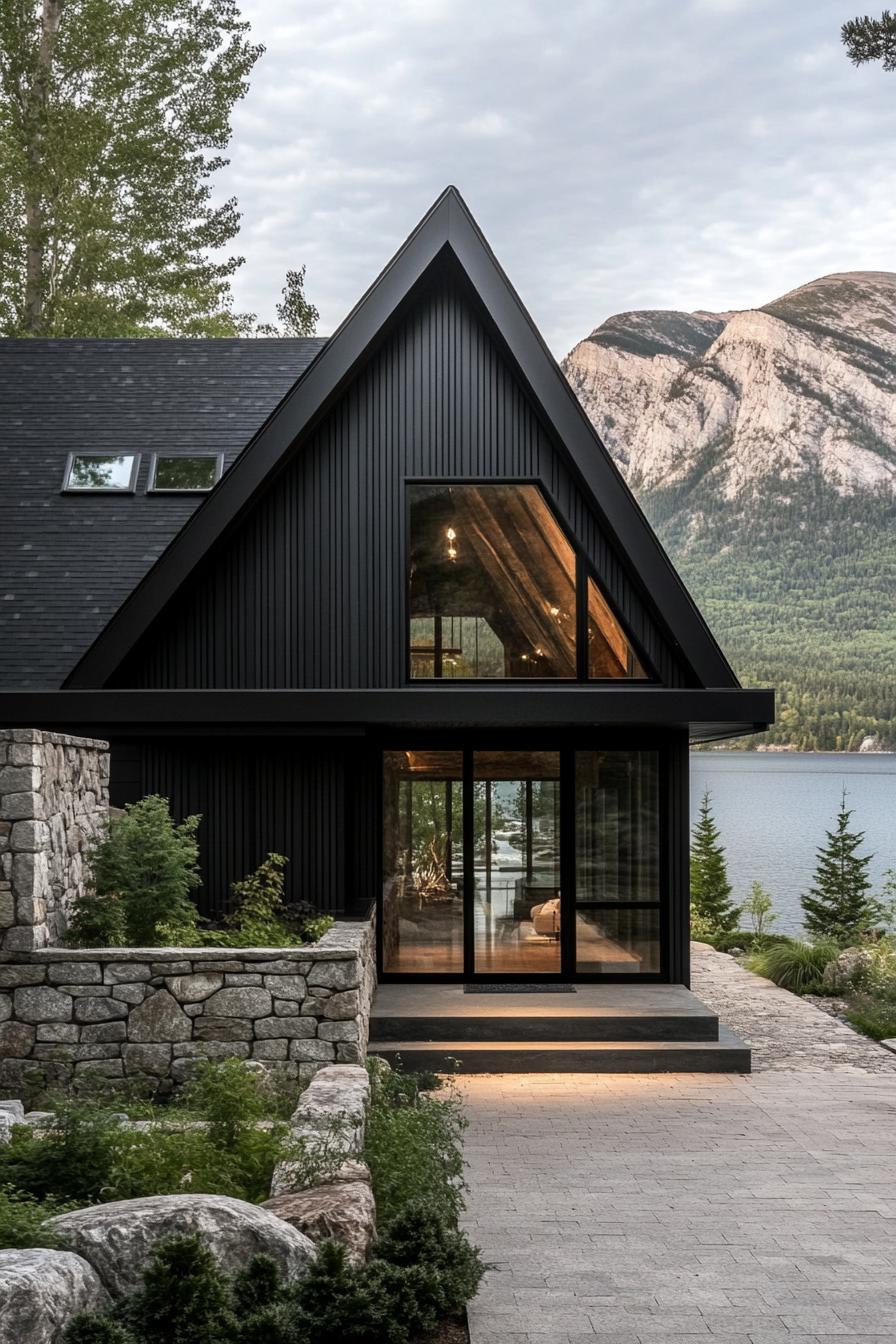 modern cottage style mountain lake house with stone entryway wall black slatted siding black a frame roof full glass front entrance wall lake can 1