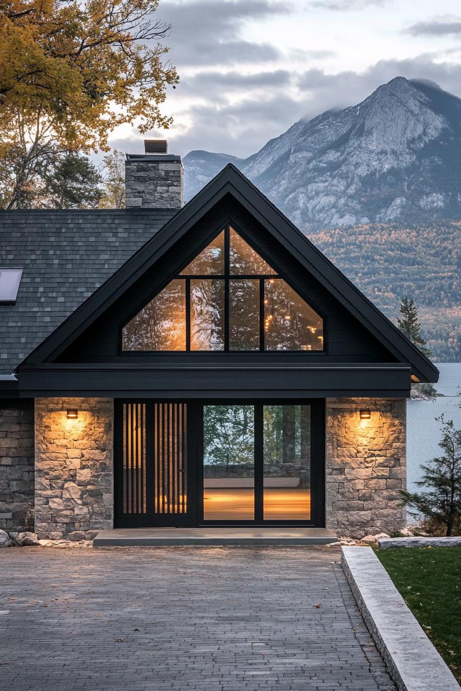 modern cottage style mountain lake house with stone entryway wall black slatted siding black a frame roof full glass front entrance wall lake can 2