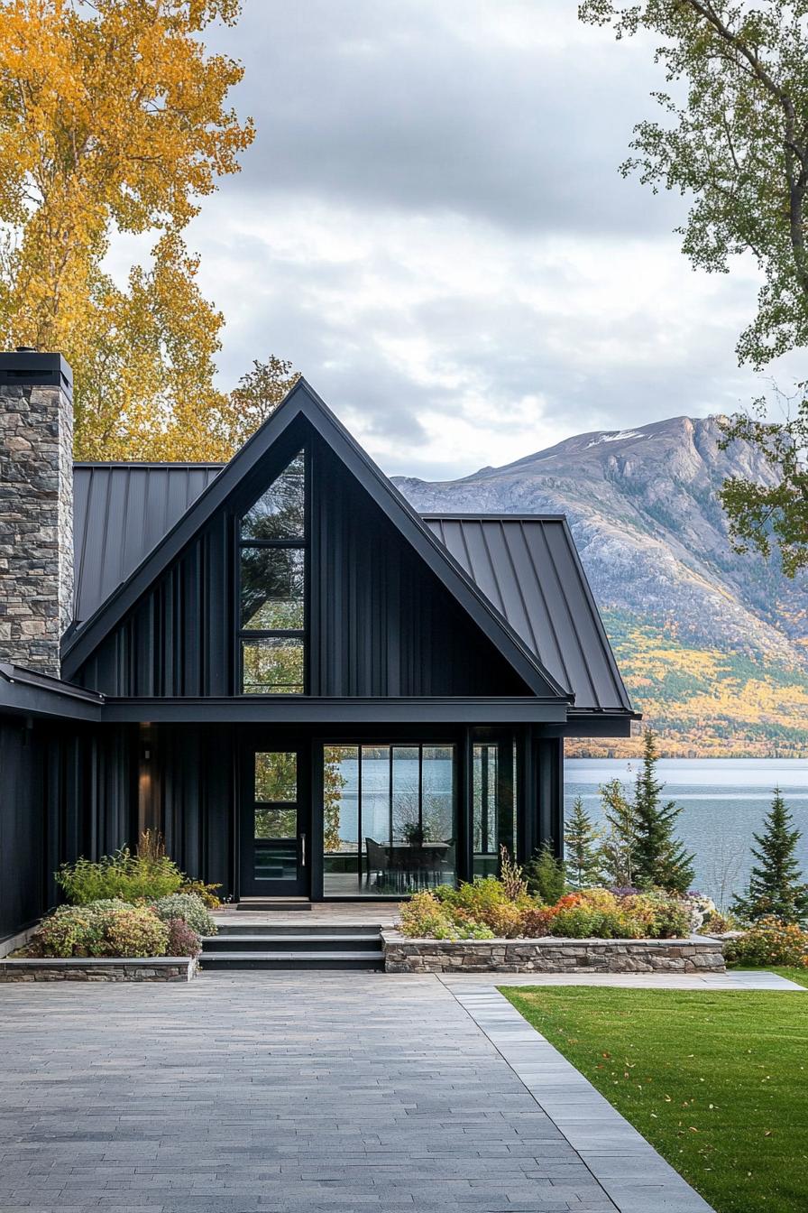 modern cottage style mountain lake house with stone entryway wall black slatted siding black a frame roof full glass front entrance wall lake can 3