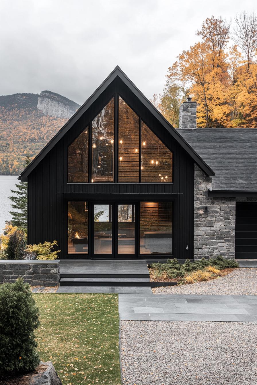 modern cottage style mountain lake house with stone entryway wall black slatted siding black a frame roof full glass front entrance wall lake can