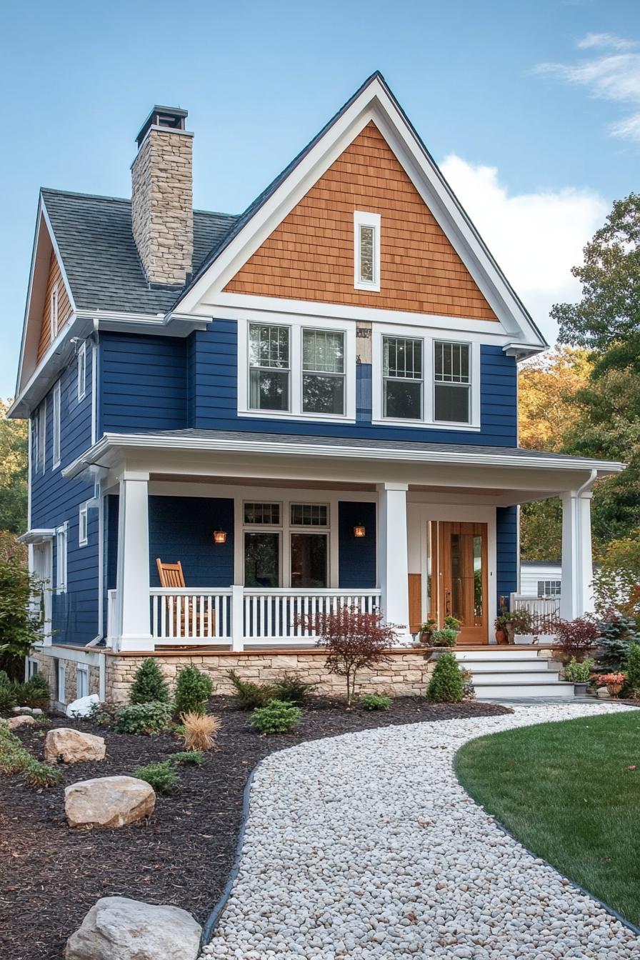 modern crafstman style house with deep blue siding natural wood front wall accent white trim white brick chimney deck with columns and white 1