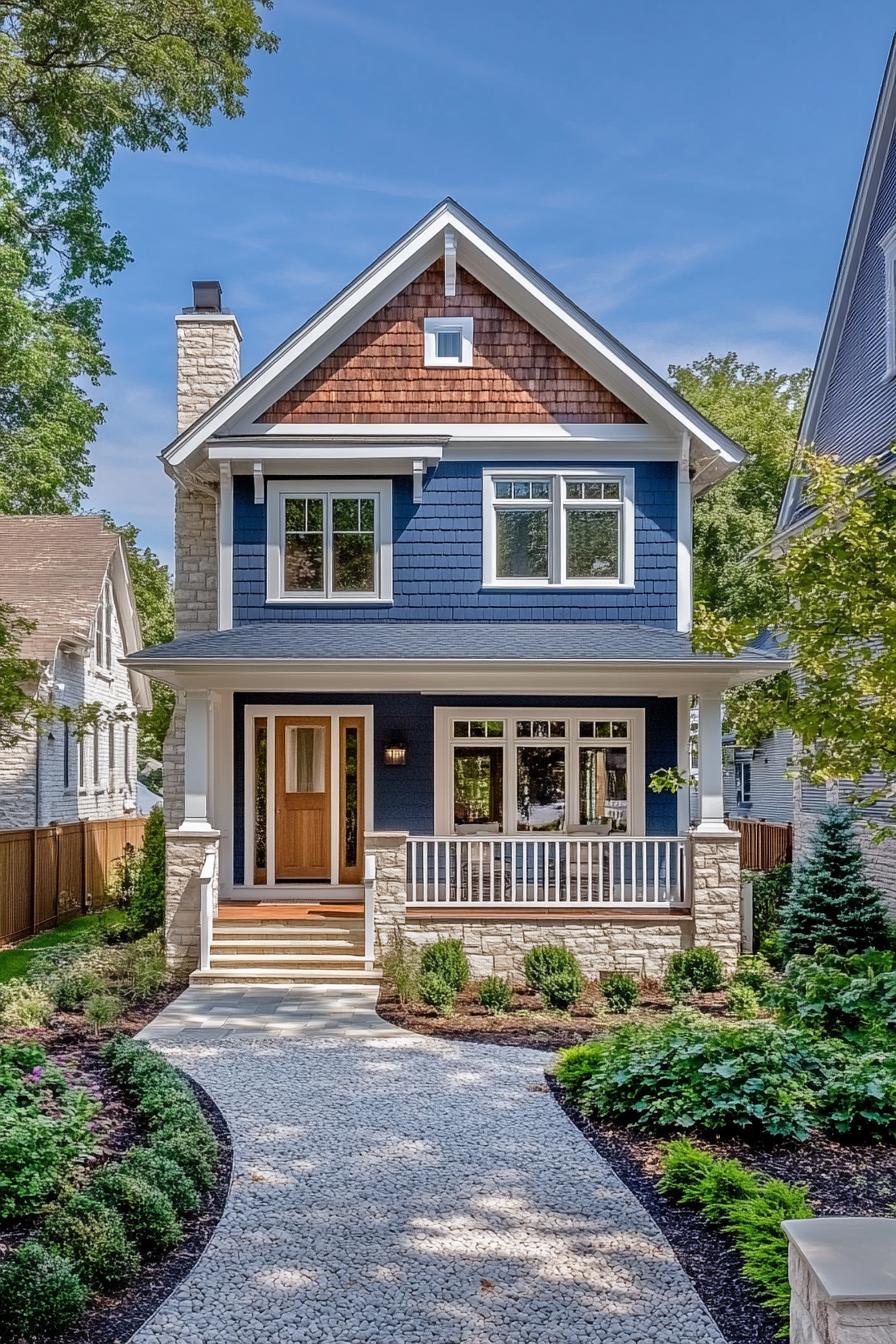 modern crafstman style house with deep blue siding natural wood front wall accent white trim white brick chimney deck with columns and white