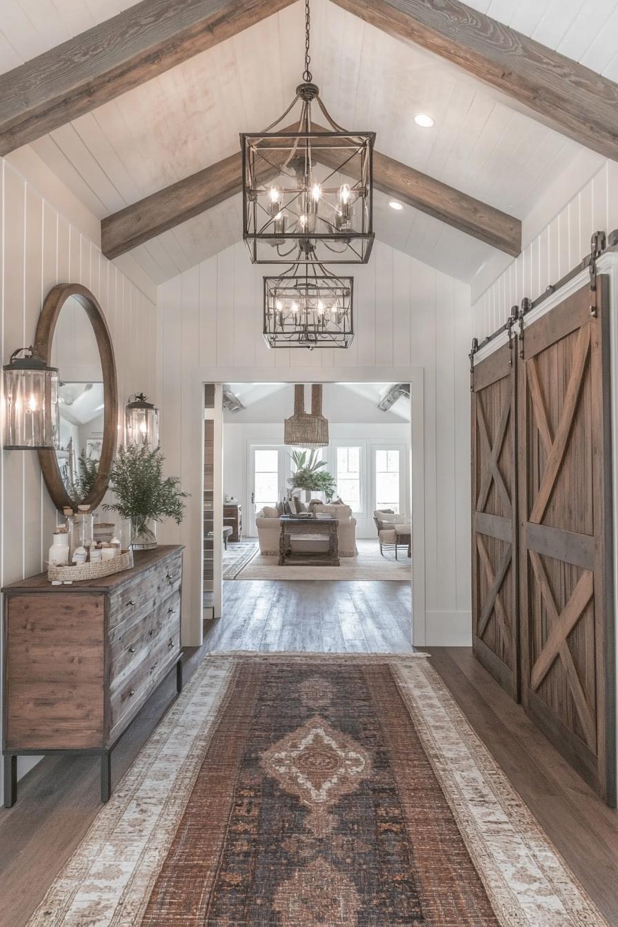 modern farmhouse entryway interior from the perspective of entering the house with vaulted ceiling with white wooden beams and rustic brown planks 1