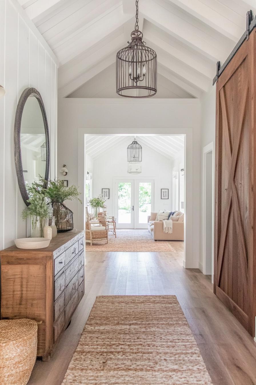 modern farmhouse entryway interior from the perspective of entering the house with vaulted ceiling with white wooden beams and rustic brown planks 2