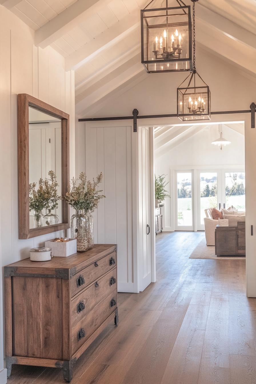 modern farmhouse entryway interior from the perspective of entering the house with vaulted ceiling with white wooden beams and rustic brown planks 3