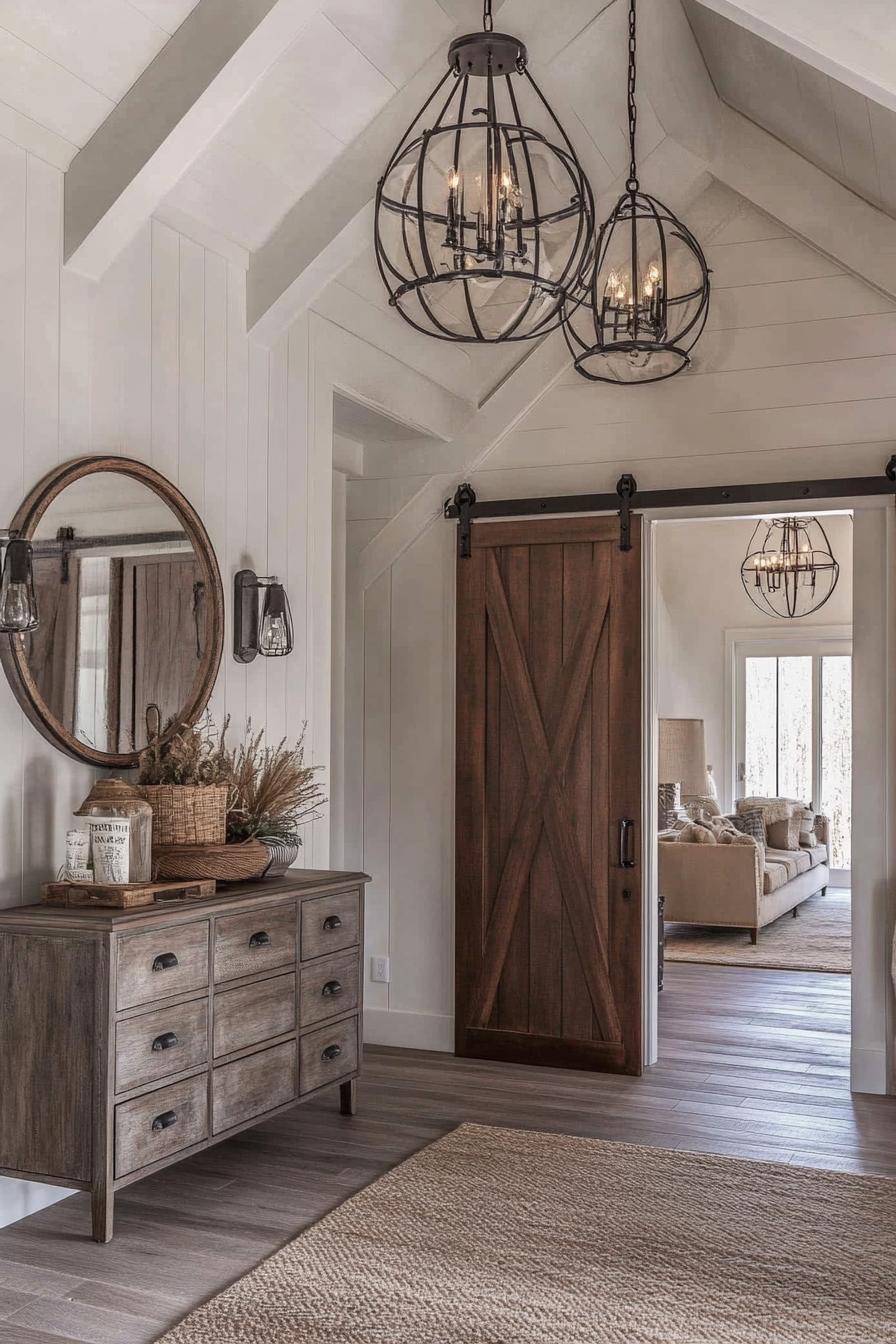 modern farmhouse entryway interior from the perspective of entering the house with vaulted ceiling with white wooden beams and rustic brown planks