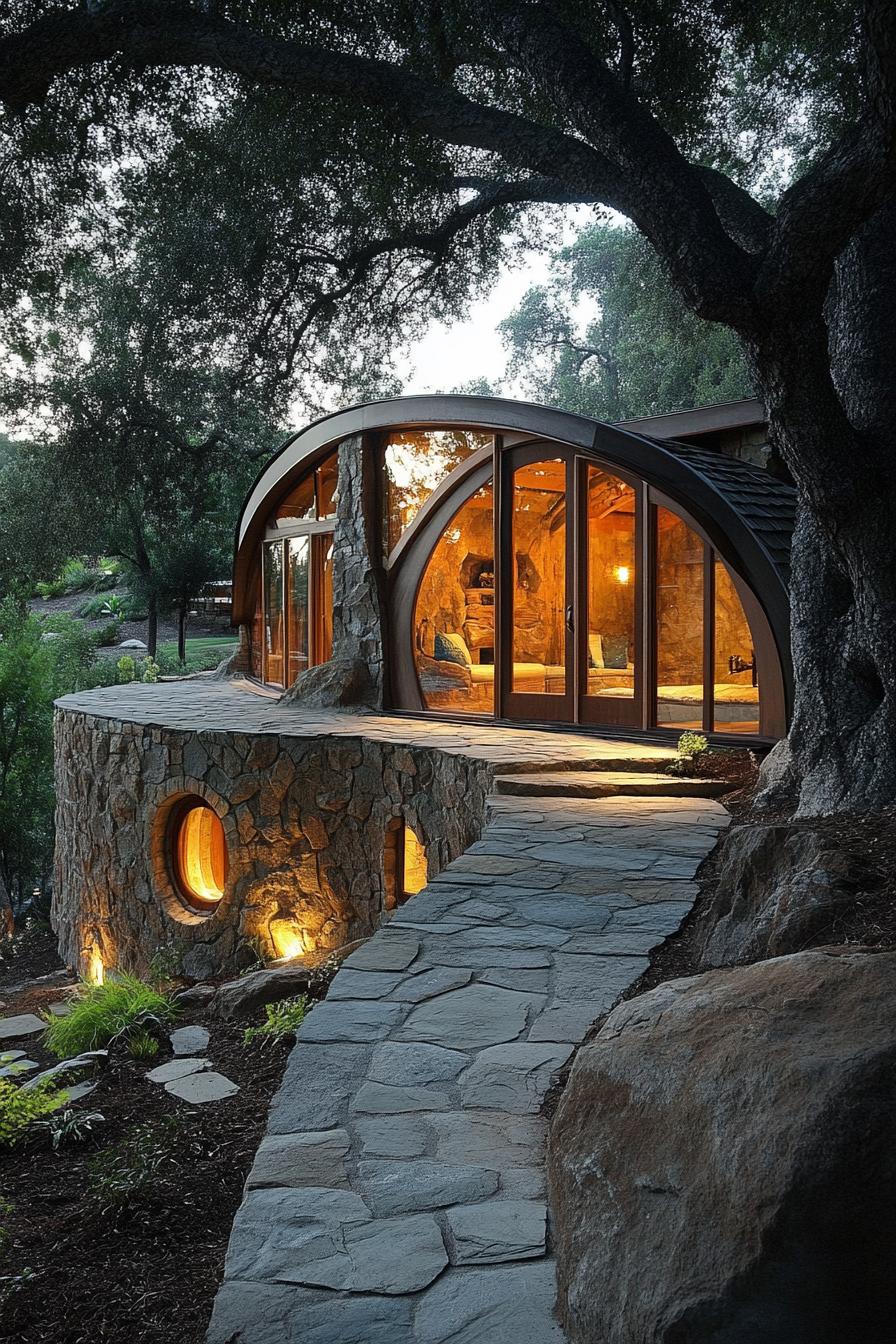 modern forest house hobbit style earth sheltered facade 2