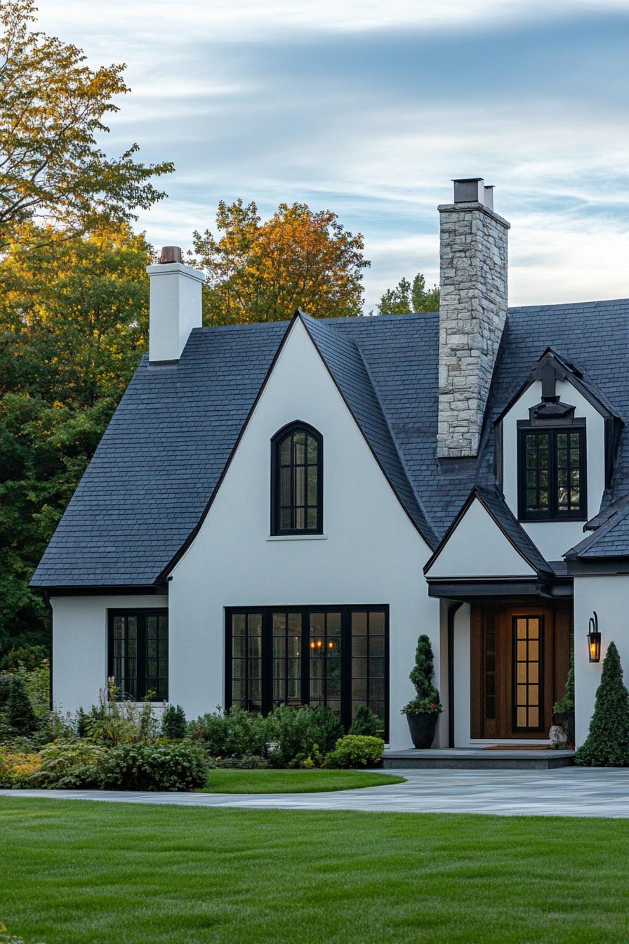 modern gothic style cottage facade with gabled slate roof farmhouse landscape 1