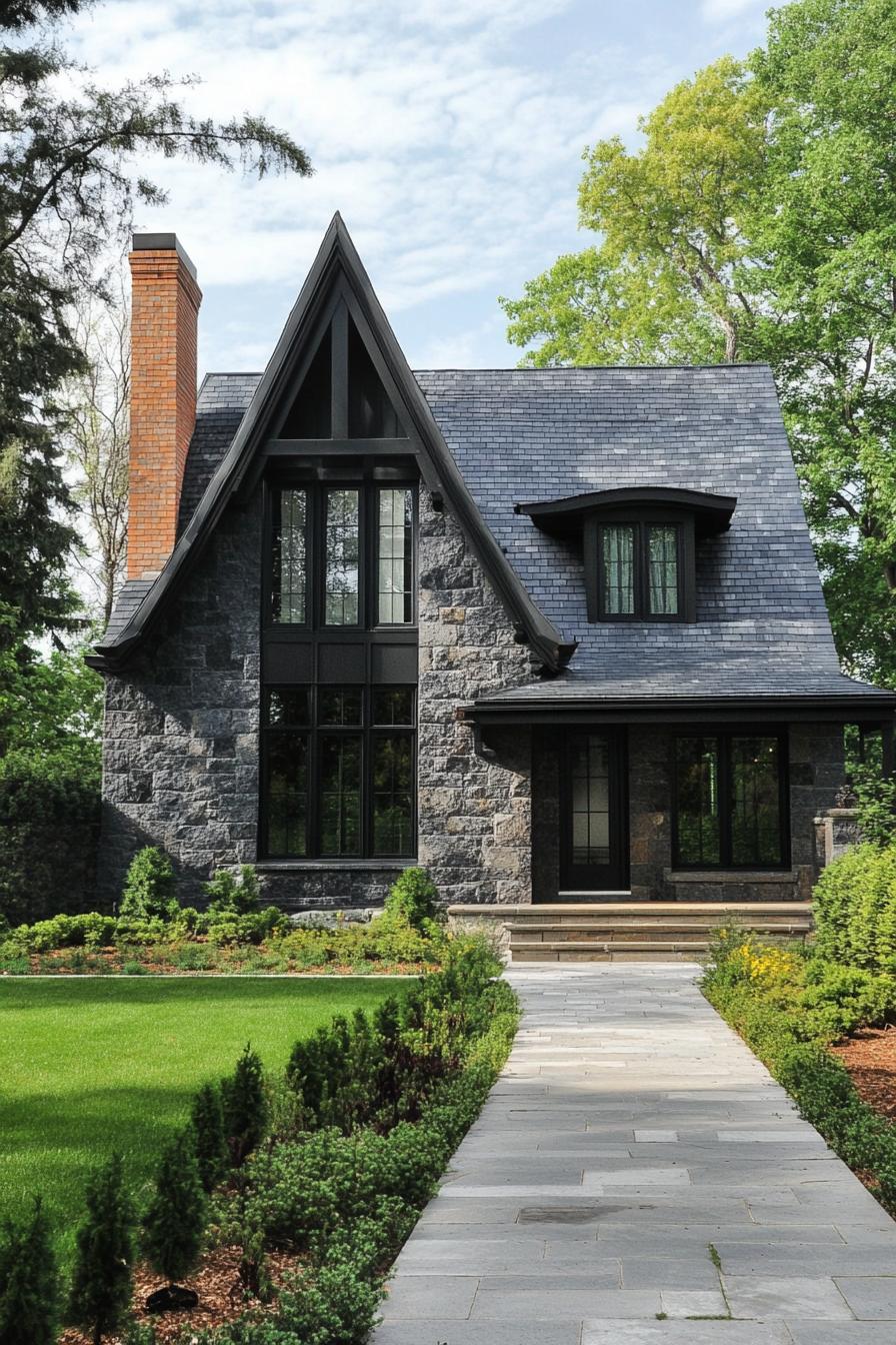 modern gothic style cottage facade with gabled slate roof farmhouse landscape 2