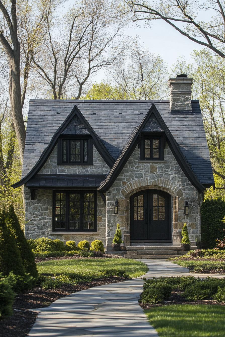 modern gothic style cottage facade with gabled slate roof farmhouse landscape 3