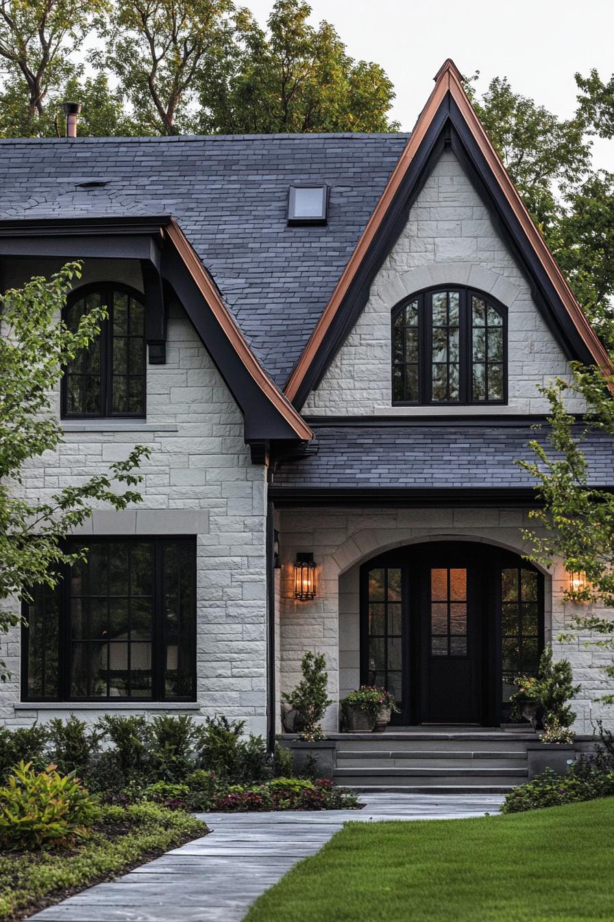 modern gothic style cottage facade with gabled slate roof farmhouse landscape