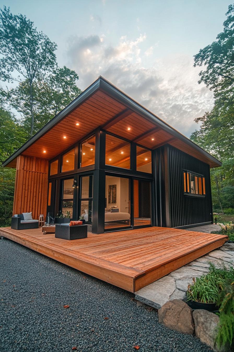 modern home made of two adjecent shipping containers with gable roof over them and porch 1