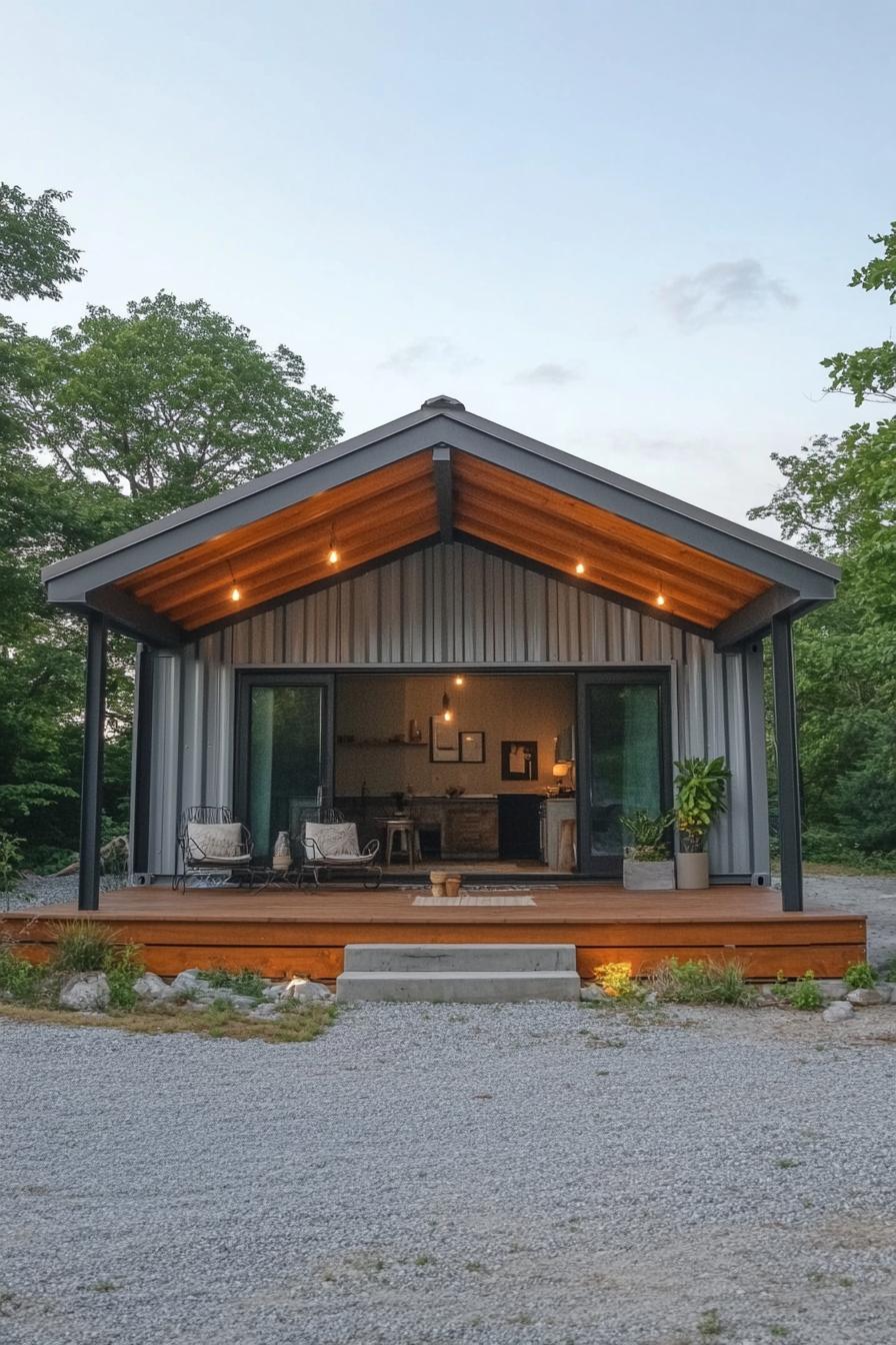 modern home made of two adjecent shipping containers with gable roof over them and porch