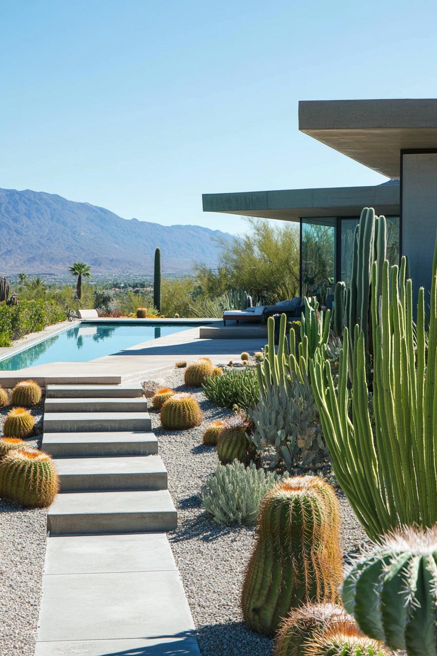 modern house backyard pool landscape with cactus garden 1