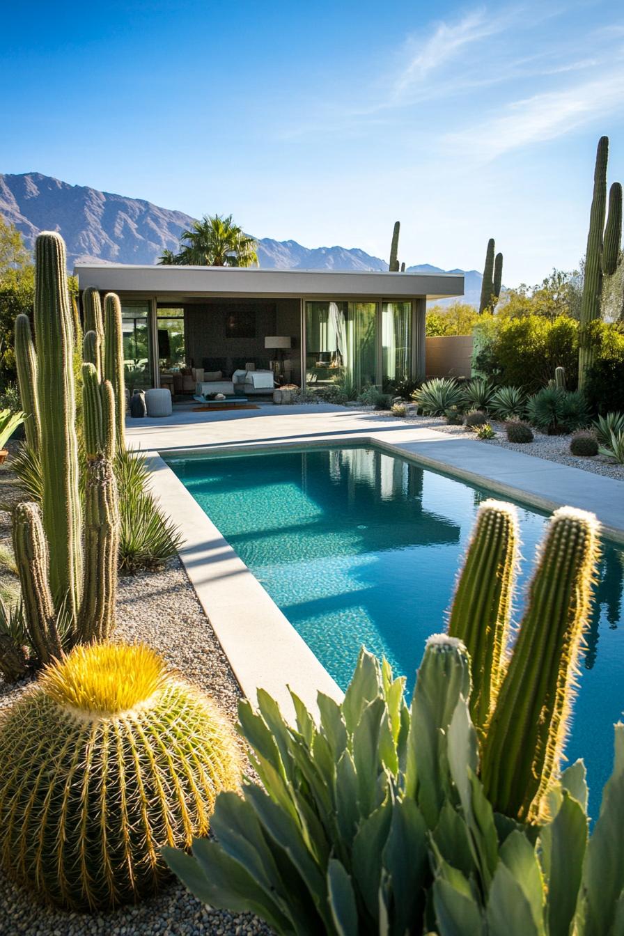 modern house backyard pool landscape with cactus garden