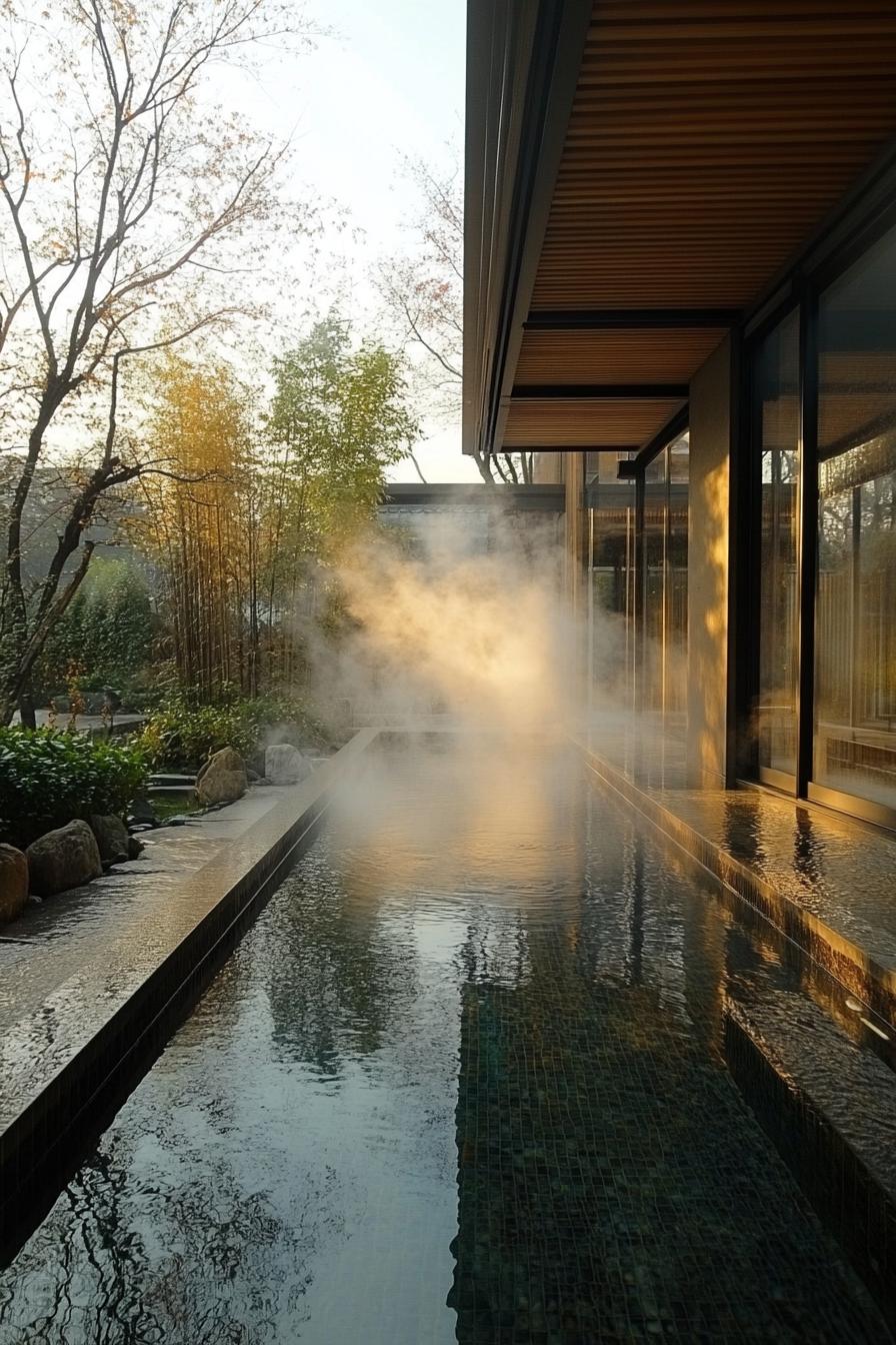 modern house inner courtyard with steaming thermal water pool and garden 1